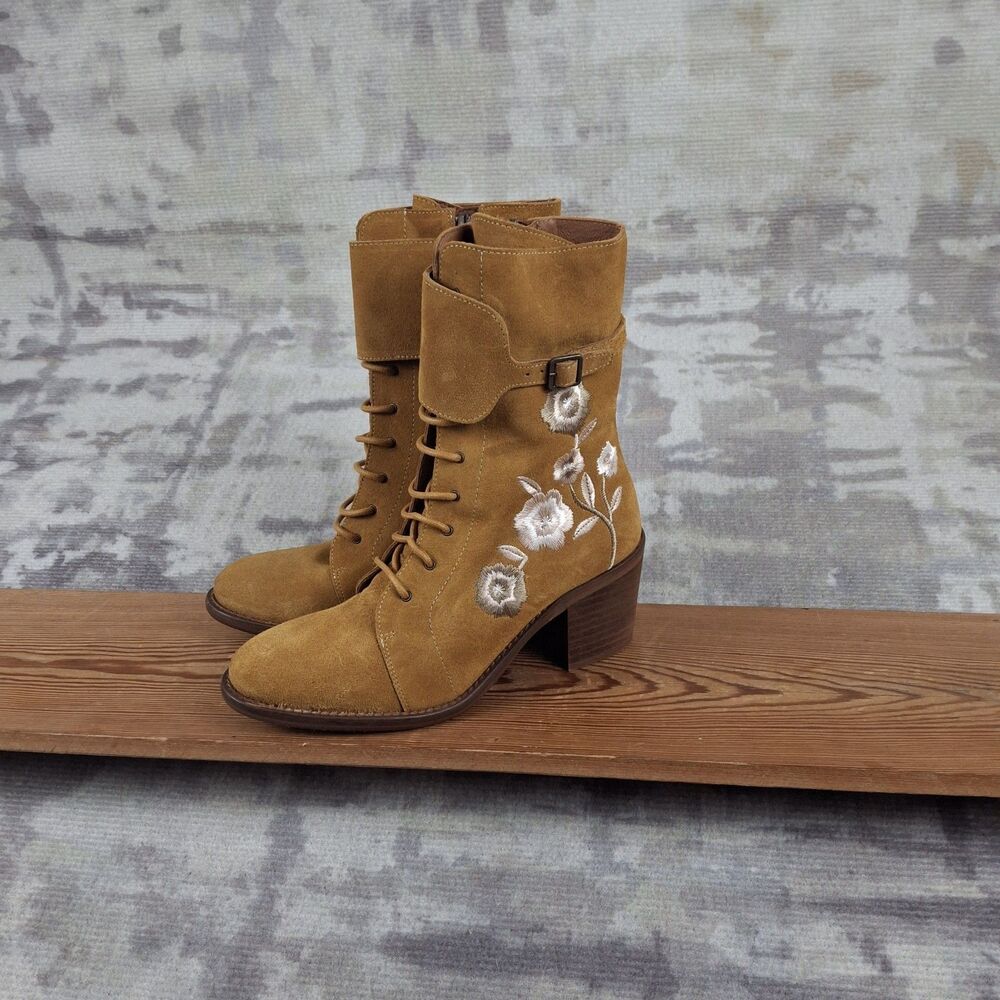 Sundance Veracruz Boots Womens 37 US 6.5 7 Suede Embroidered Floral Lace Up Tan